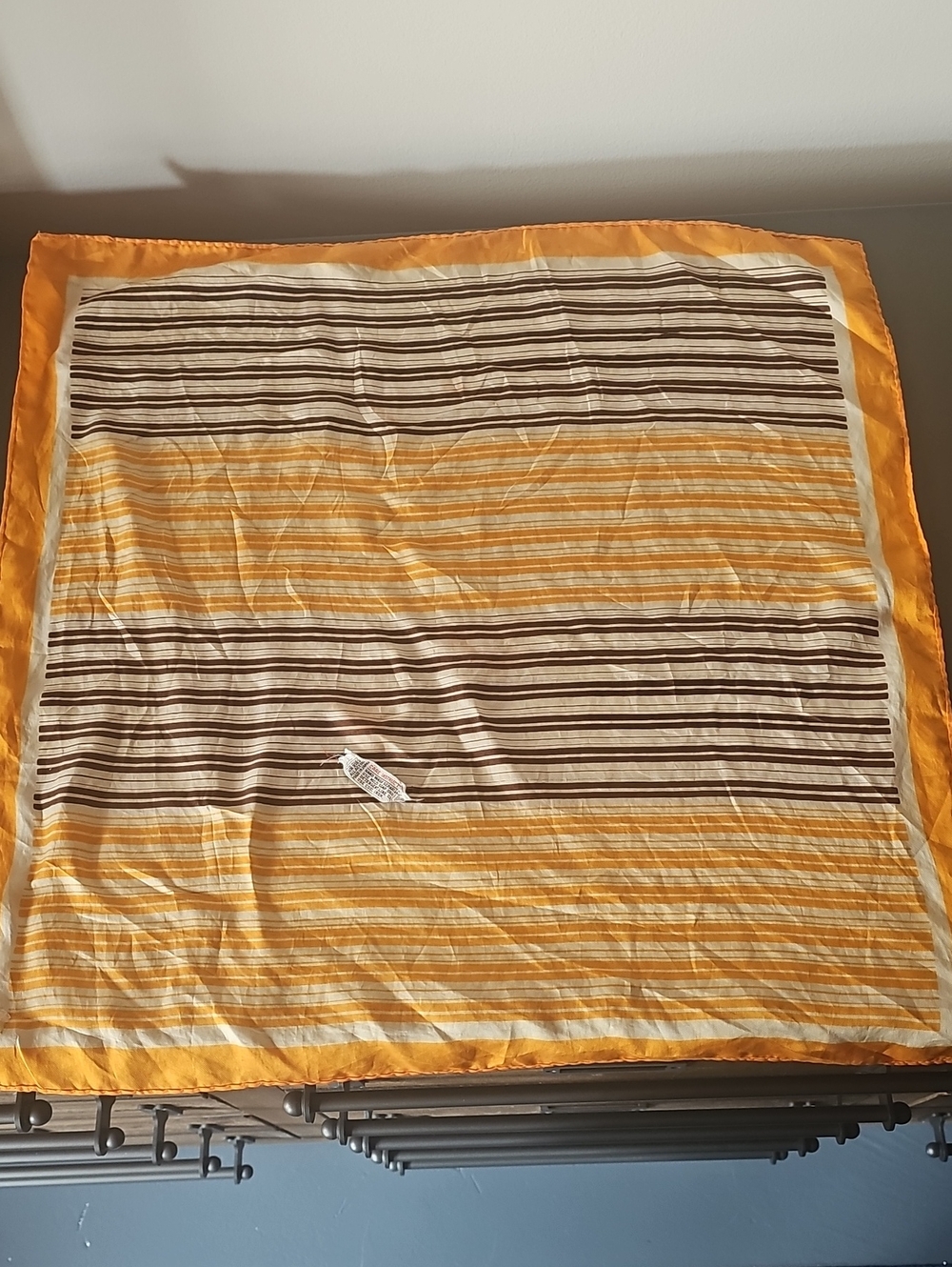 Vintage 1970s Made In Japan Acetate Striped Orange Brown Cream Scarf 20x20 Sq